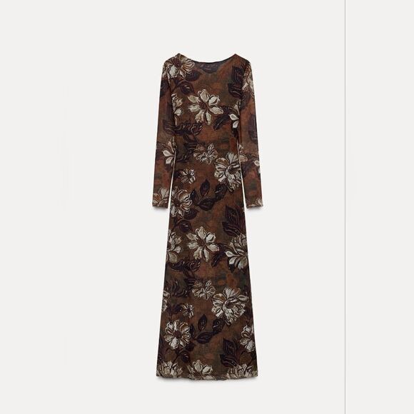 NWT ZARA PRINTED TULLEβDRESS Brown Winter Floral - Picture 11 of 12